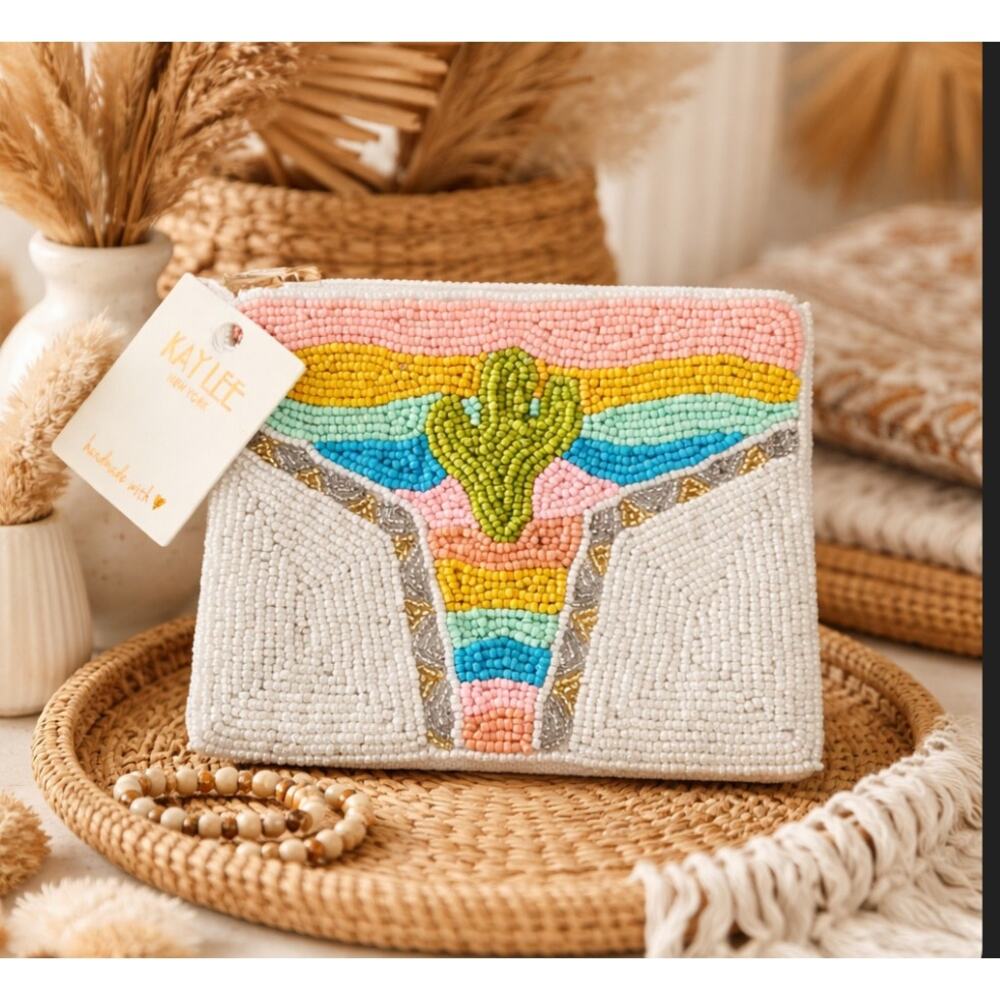 Kay Lee White Catcus Boho Beaded Coin Purse New
